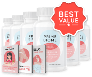 PrimeBiome 6 bottles, 180-day supply with bonuses