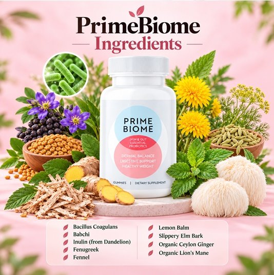 The 10 PrimeBiome ingredients including Bacillus coagulans, inulin, babchi and ginger