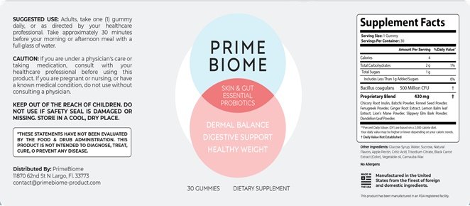 PrimeBiome Supplement Facts label with serving size and ingredient list